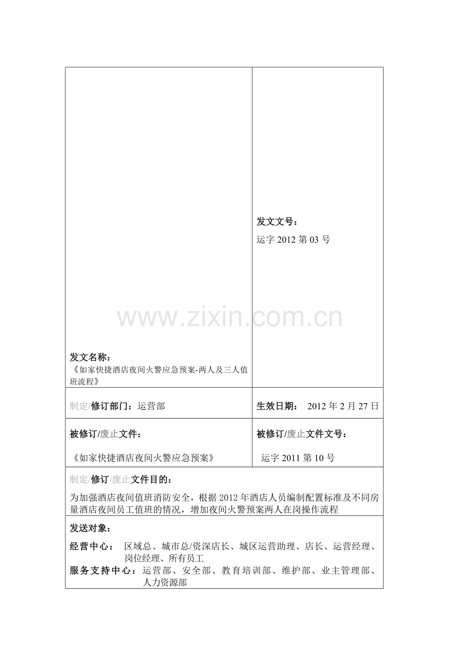 (运字2012第03号)夜间火警应急预案-夜间两人及三人值班流程.doc_第1页