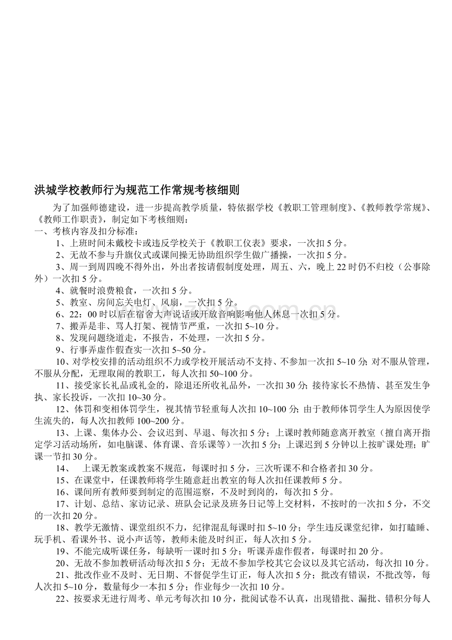 洪城学校教师行为规范工作常规考核细则..doc_第1页
