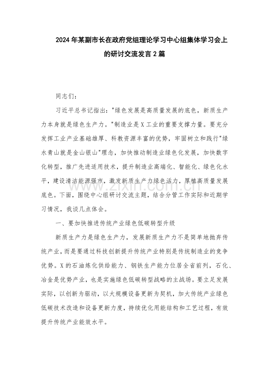 2024年领导干部在政府党组理论学习中心组集体学习会上的研讨交流发言2篇.docx_第1页