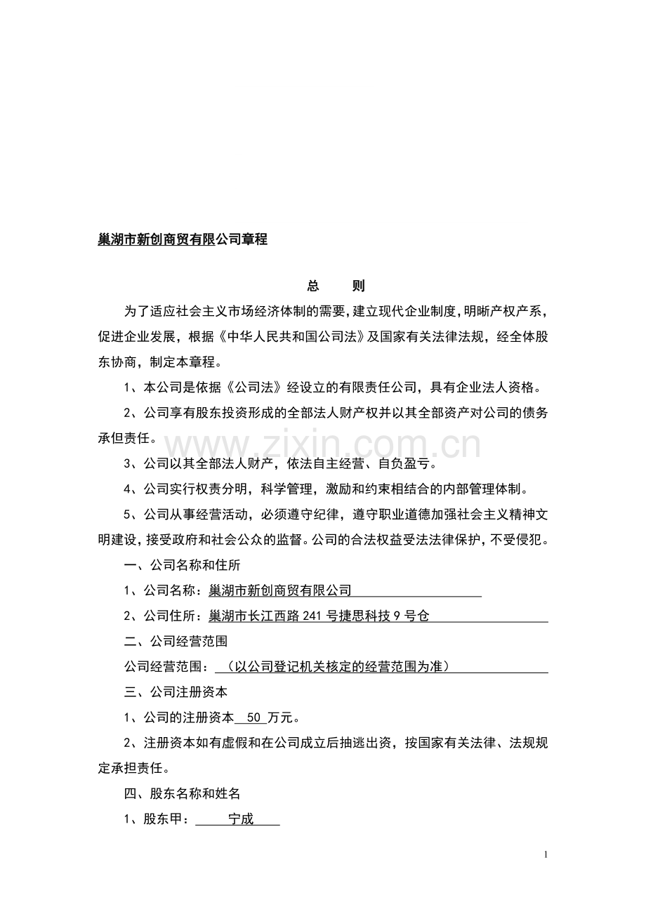 某某公司章程范本.doc_第1页