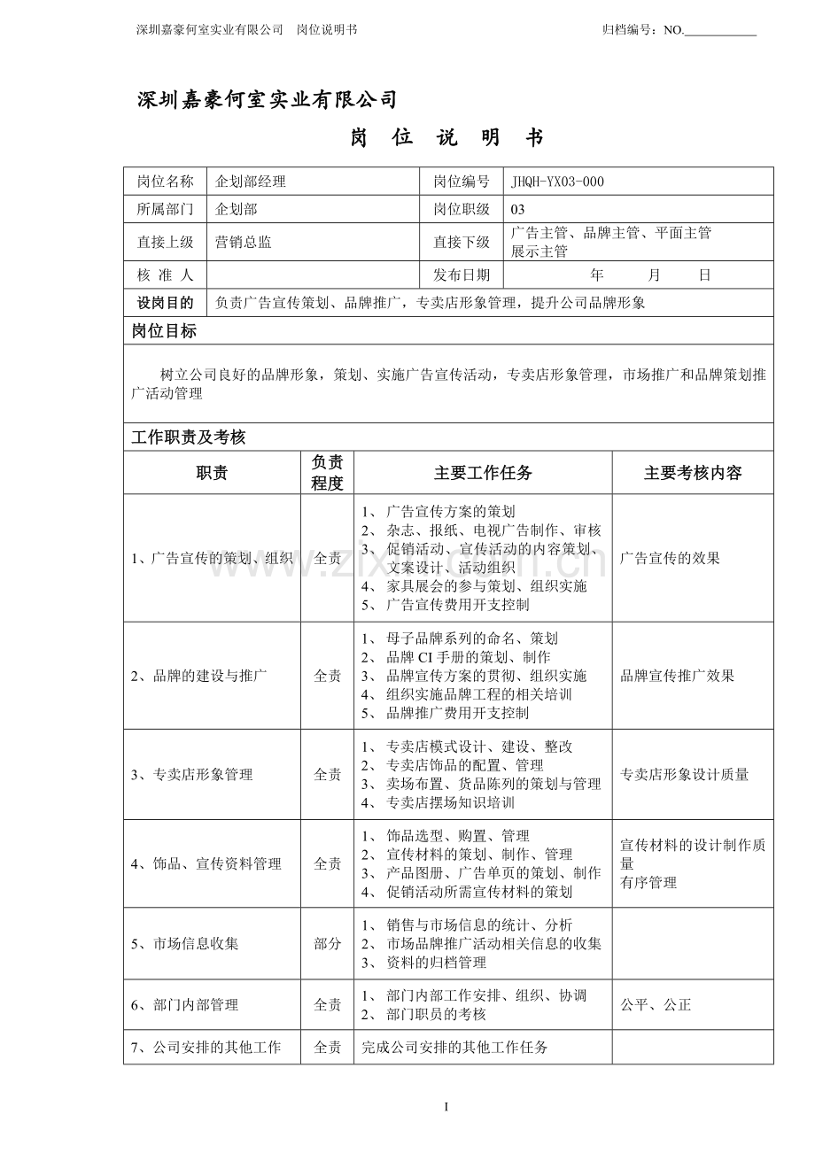 企划部经理岗位说明书.doc_第1页