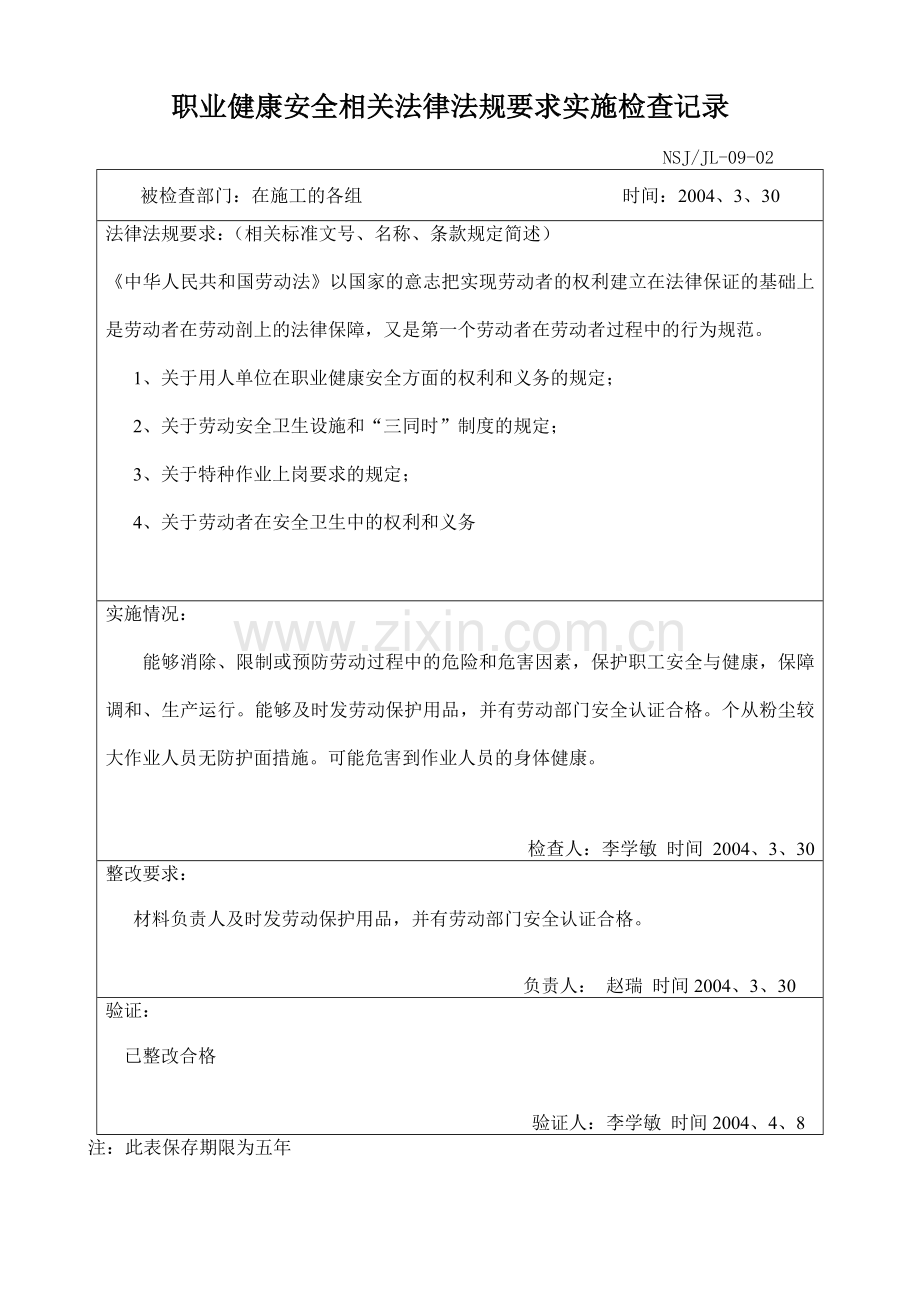 职业健康安全相关法律法规要求实施检查记录.doc_第1页
