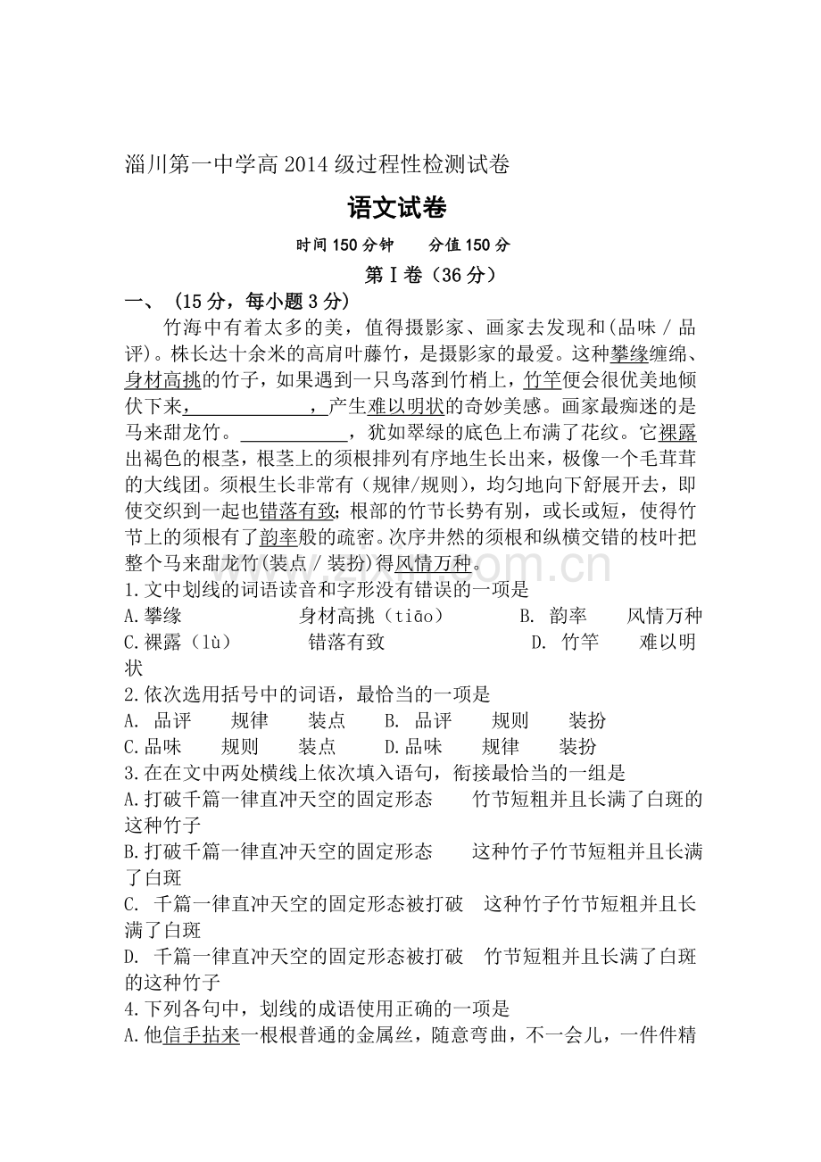 山东省淄博市2015-2016学年高二语文下册第一次月考试题.doc_第1页