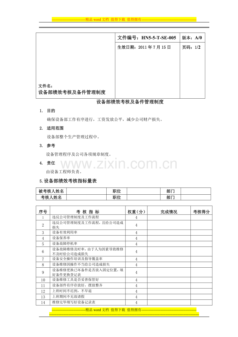 设备部绩效考核及备件管理制度.doc_第1页