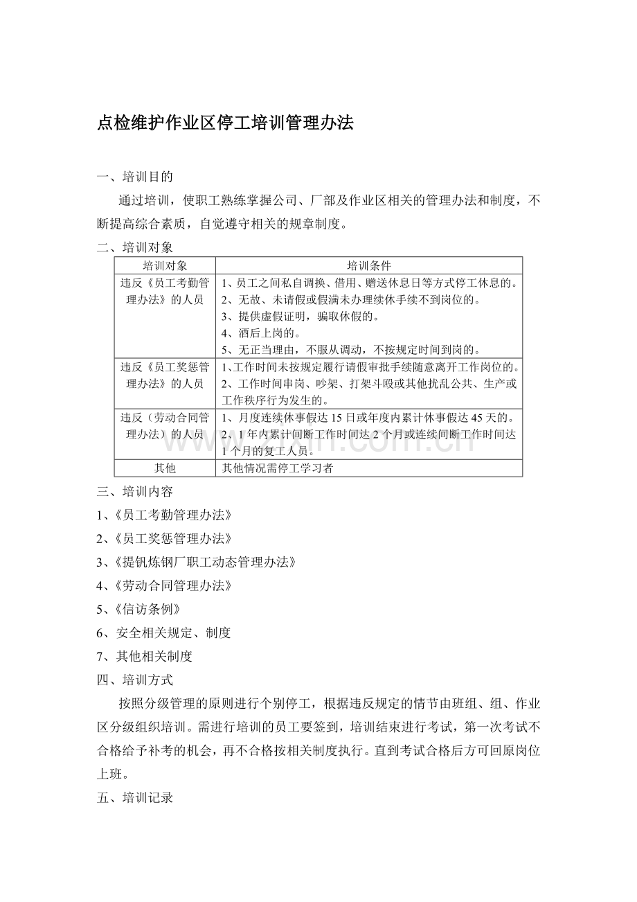 点检维护作业区停工培训管理办法.doc_第1页
