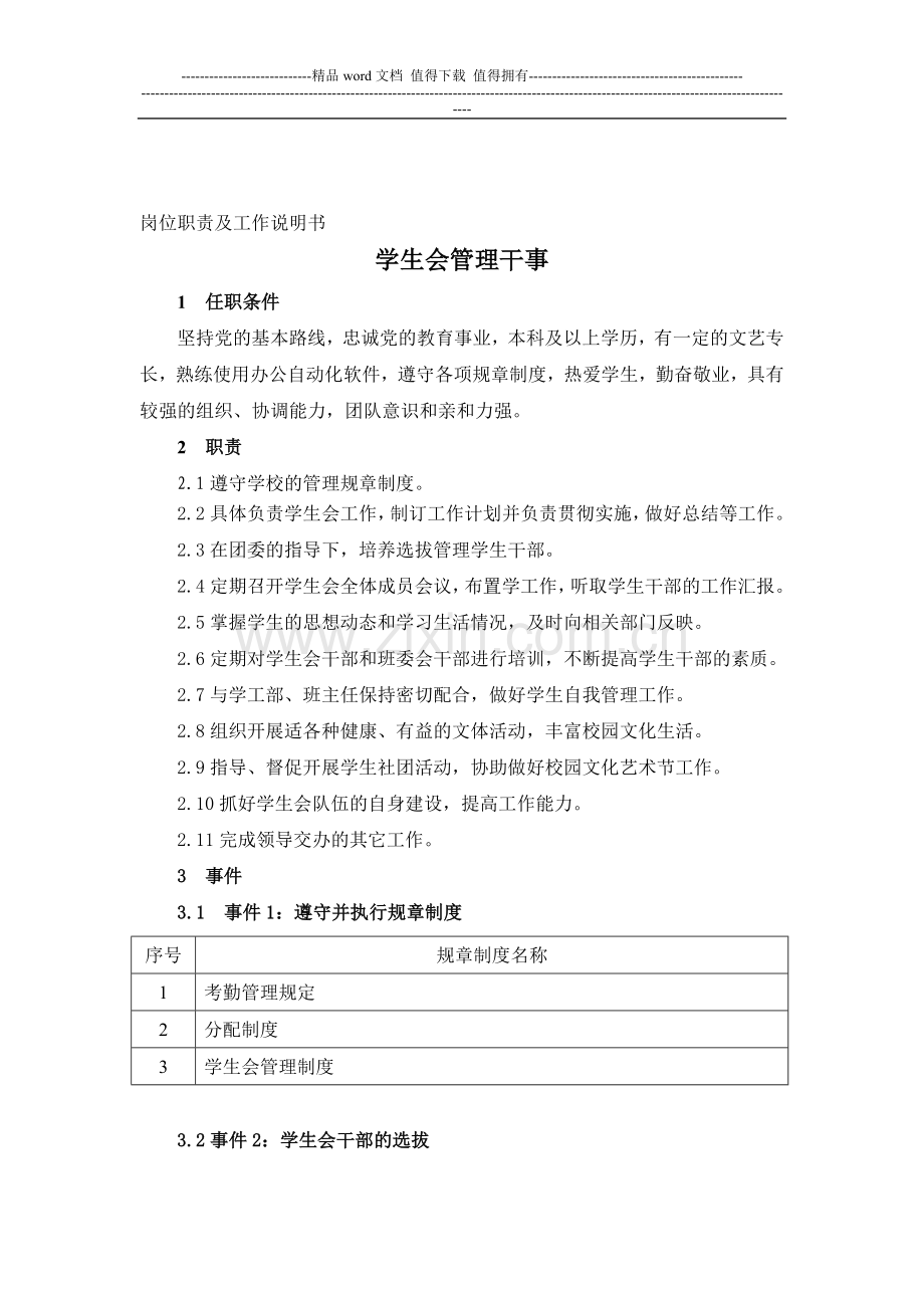学生会管理干事岗位职责及工作说明书.doc_第1页