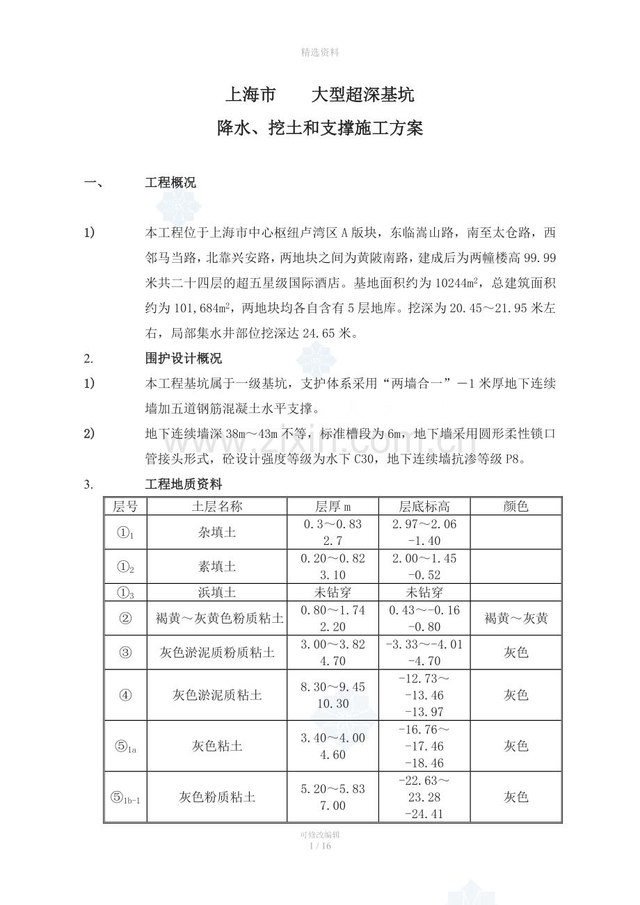 大型超深基坑降水、挖土和支撑施工方案(2).doc_第1页