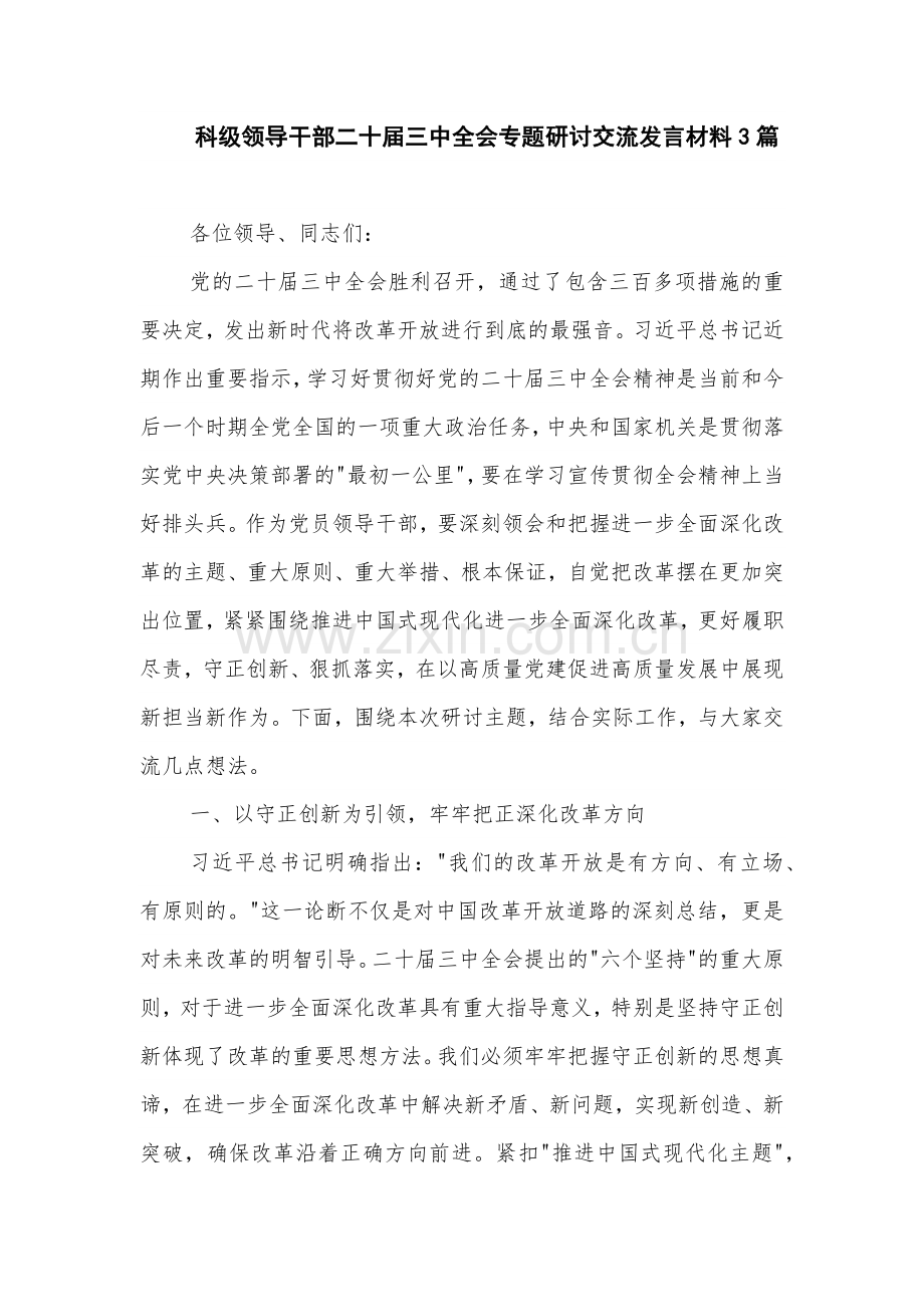 科级领导干部二十届三中全会专题研讨交流发言材料3篇.docx_第1页