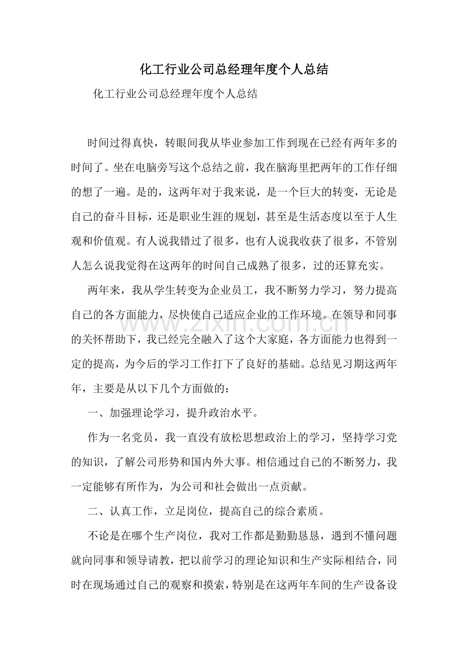 化工行业公司总经理年度个人总结.doc_第1页