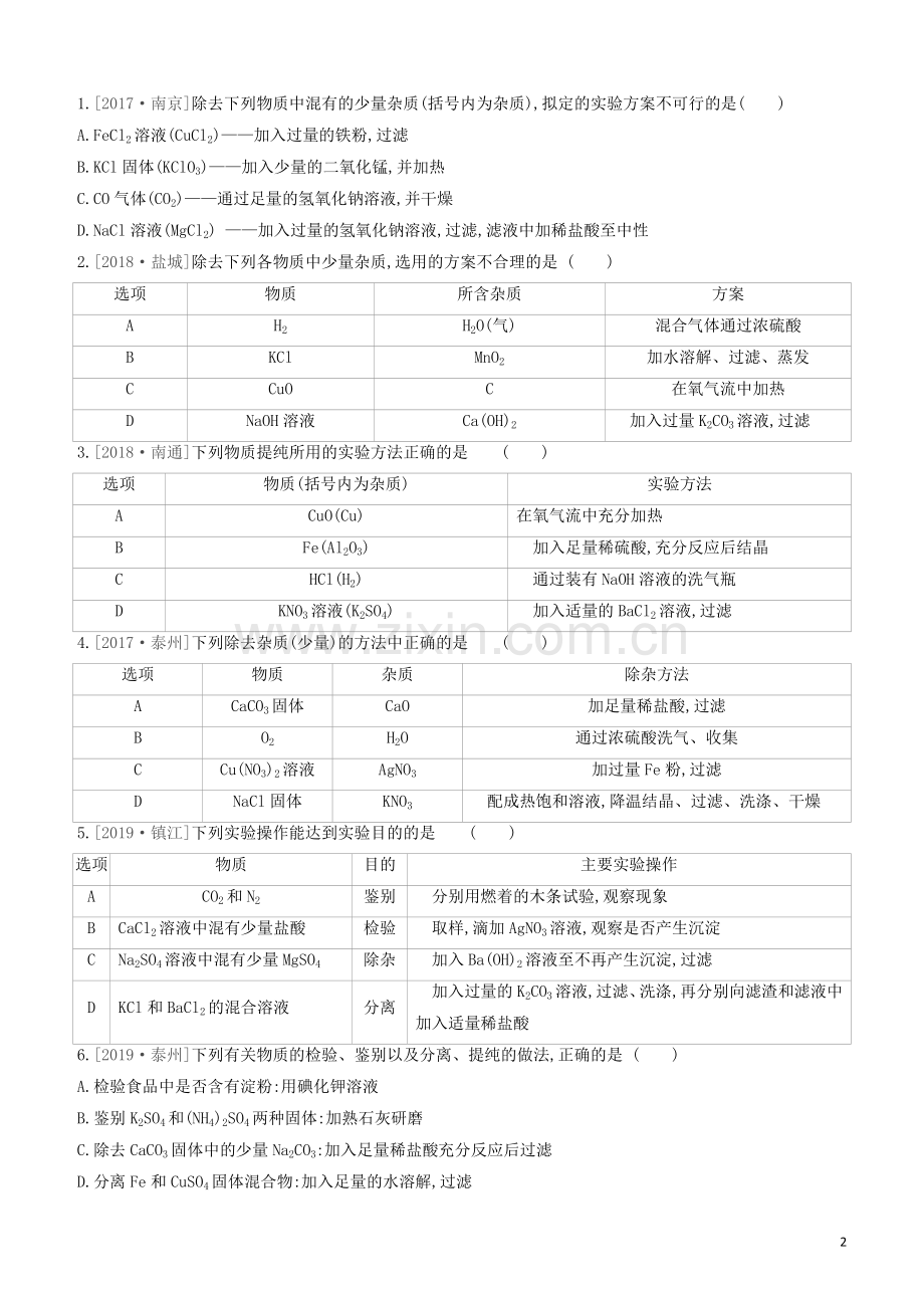 江苏专版2020中考化学复习方案题型突破04物质的鉴别除杂与实验方案的评价试题.docx_第2页