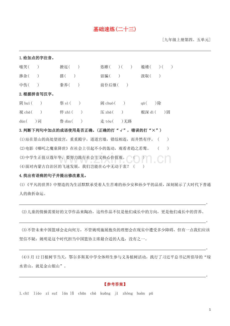 鄂尔多斯专版2020中考语文复习方案特色专练第02部分基础速练23.docx_第1页