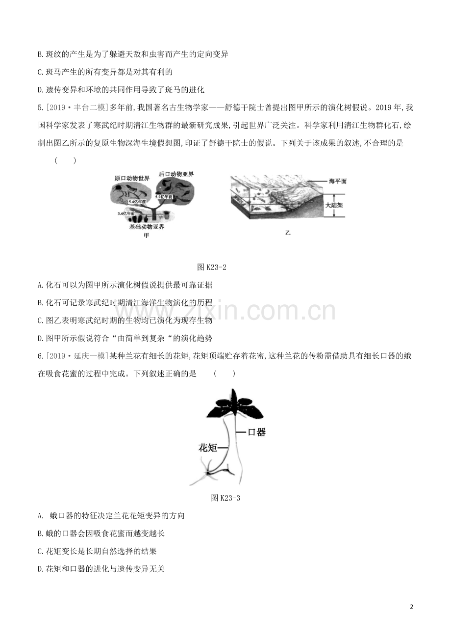 北京专版2020中考生物复习方案主题七生物的生殖发育和遗传变异课时训练23生命的起源和生物进化试题.docx_第2页