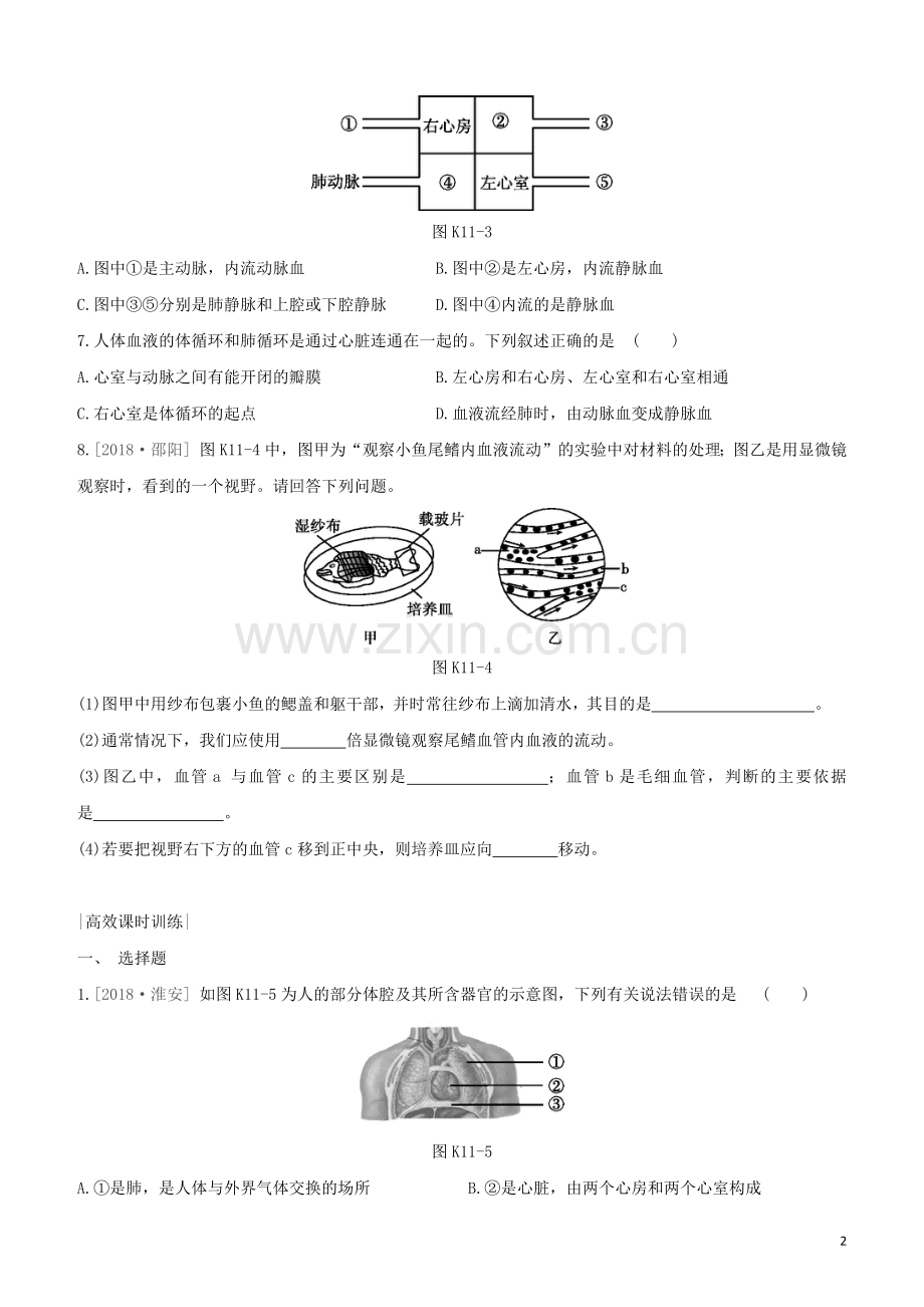 徐州专版2020中考生物复习方案第六单元生命活动的调节和生态系统的稳定课时训练11人体内物质的运输2心脏与血液循环试题.docx_第2页