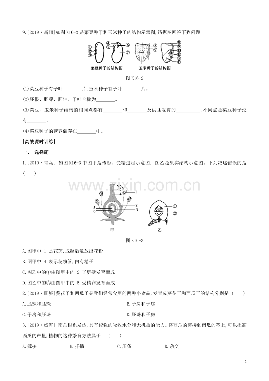 连云港专版2020中考生物复习方案第七单元生命的延续与进化课时训练16植物的生殖和发育试题.docx_第2页