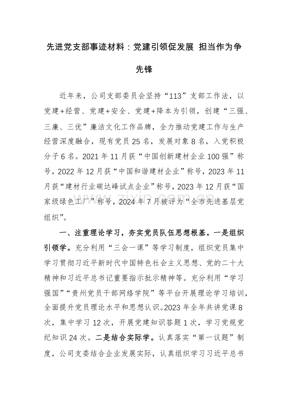 先进党支部事迹材料：党建引领促发展 担当作为争先锋.docx_第1页