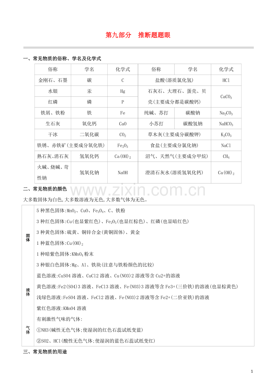 徐州专版2020中考化学复习方案第9部分推断题题眼试题.docx_第1页