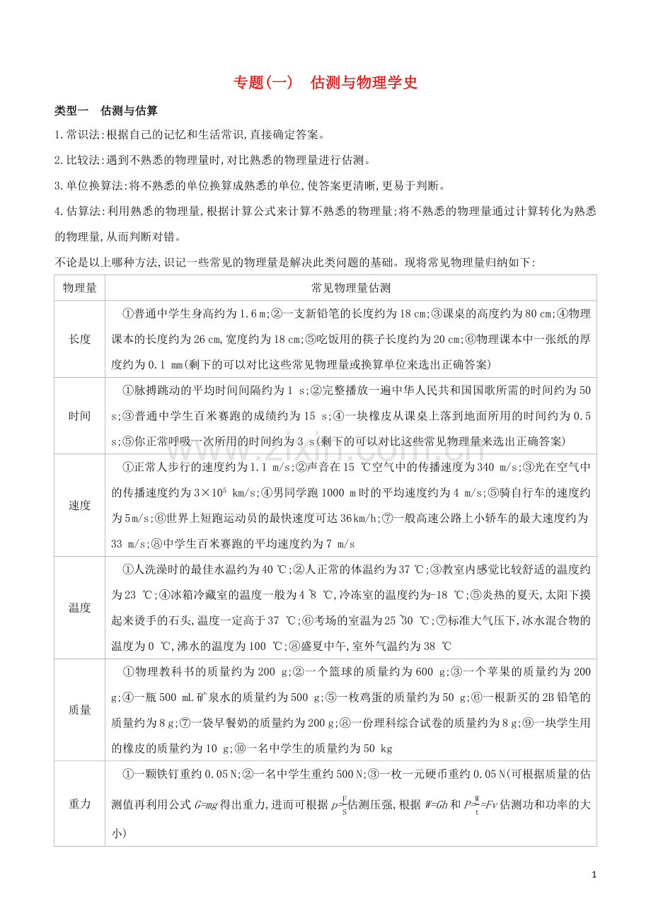 河北专版2020中考物理复习方案专题01估测与物理学史试题.docx_第1页