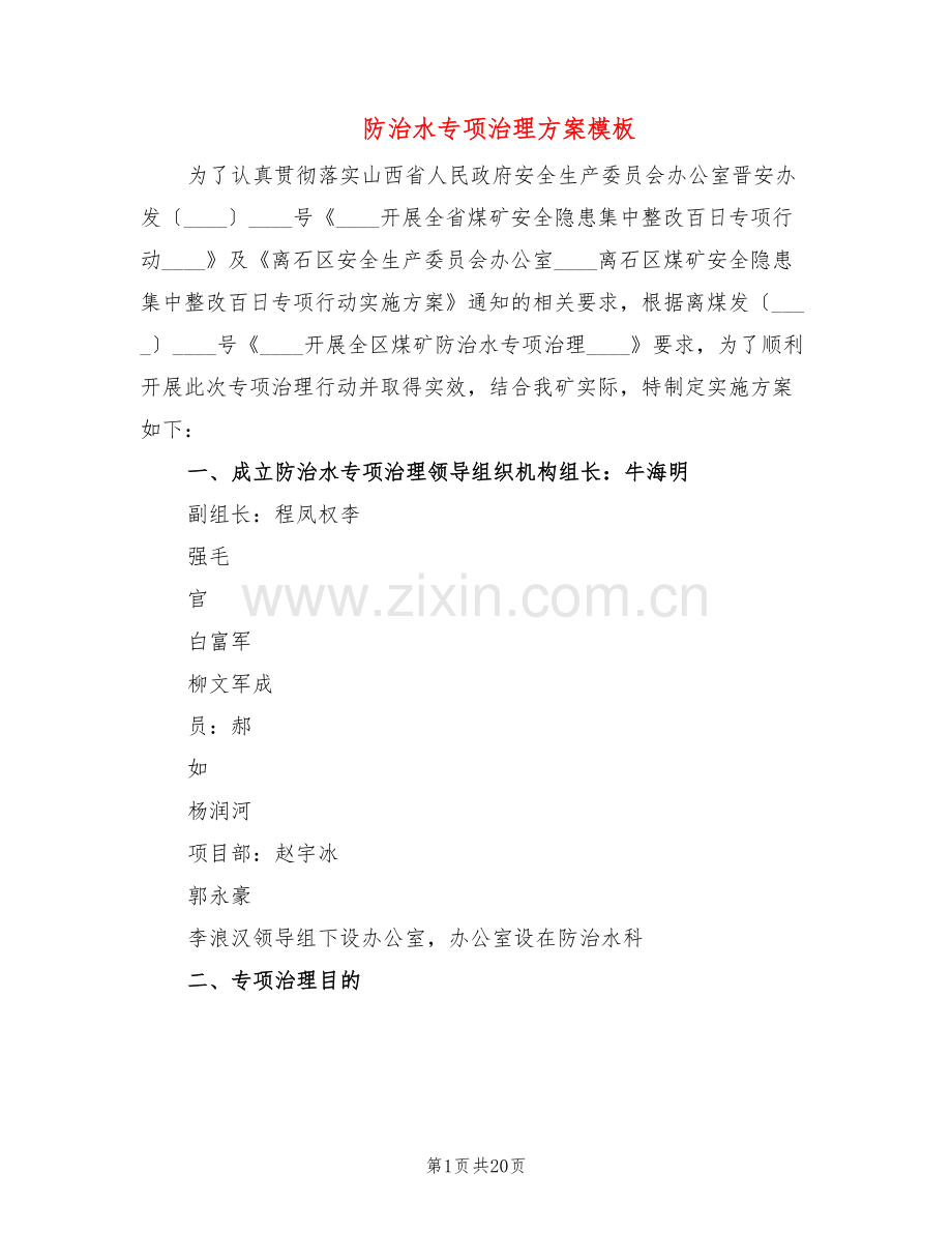 防治水专项治理方案模板(2篇).doc_第1页