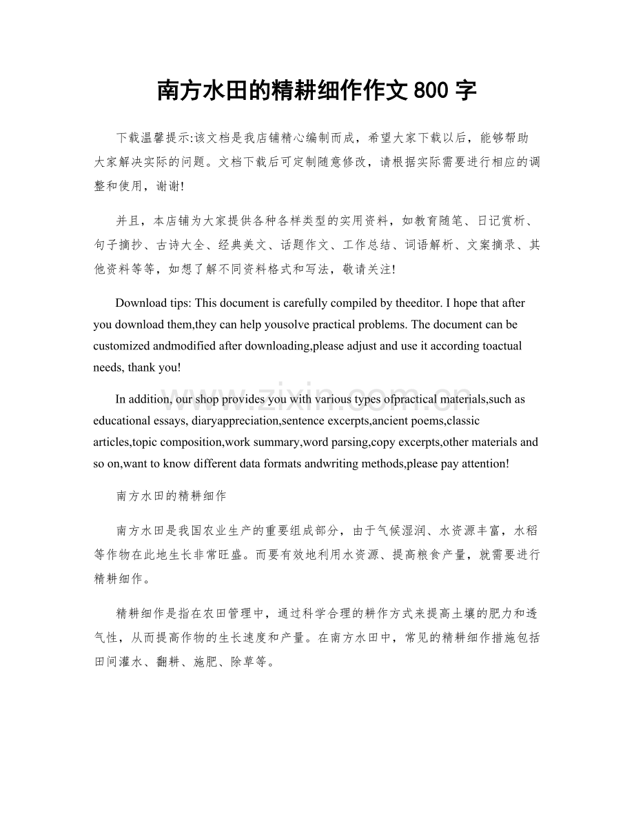 南方水田的精耕细作作文800字.docx_第1页