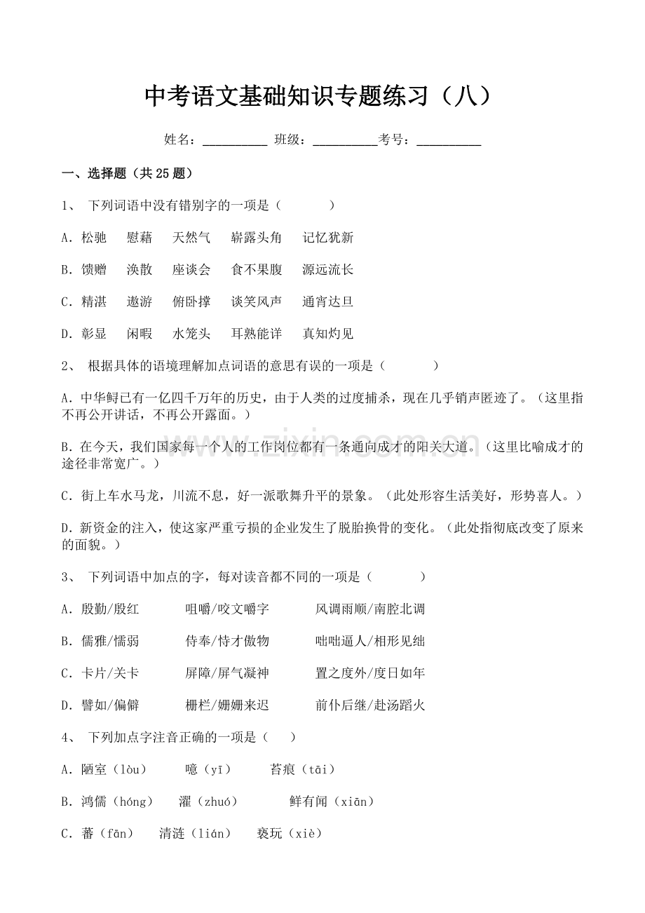 中考语文基础知识专题练习(八).docx_第1页