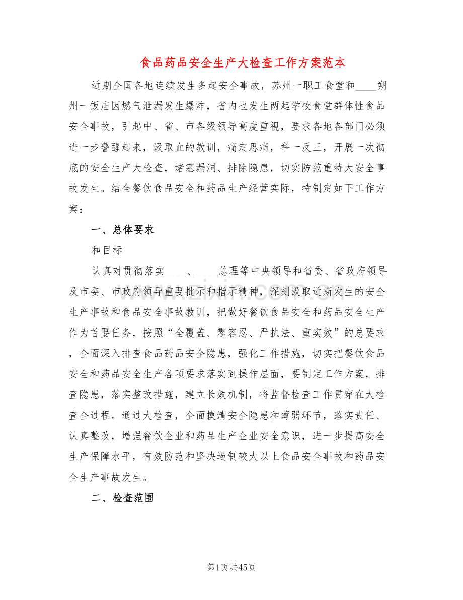 食品药品安全生产大检查工作方案范本(12篇).doc_第1页