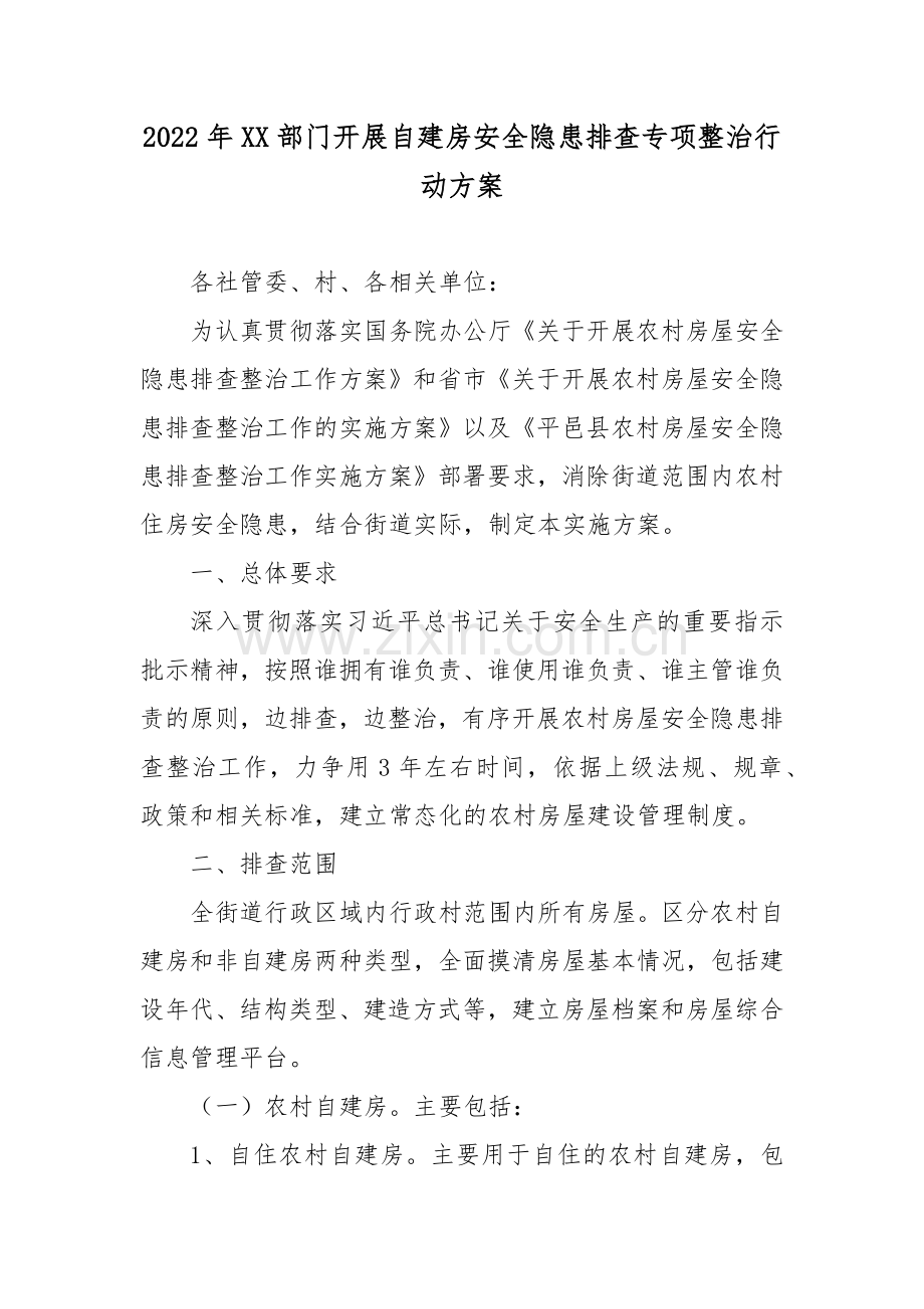 2022年XX部门开展自建房安全隐患排查专项整治行动方案2篇.docx_第1页