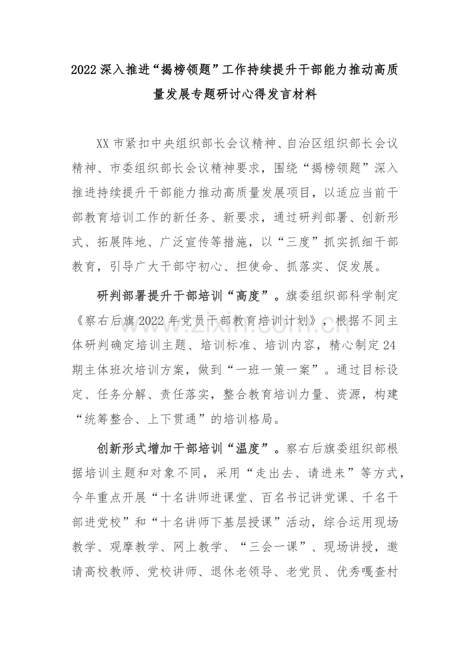 2022深入推进“揭榜领题”工作持续提升干部能力推动高质量发展专题研讨心得发言材料2篇.docx_第1页