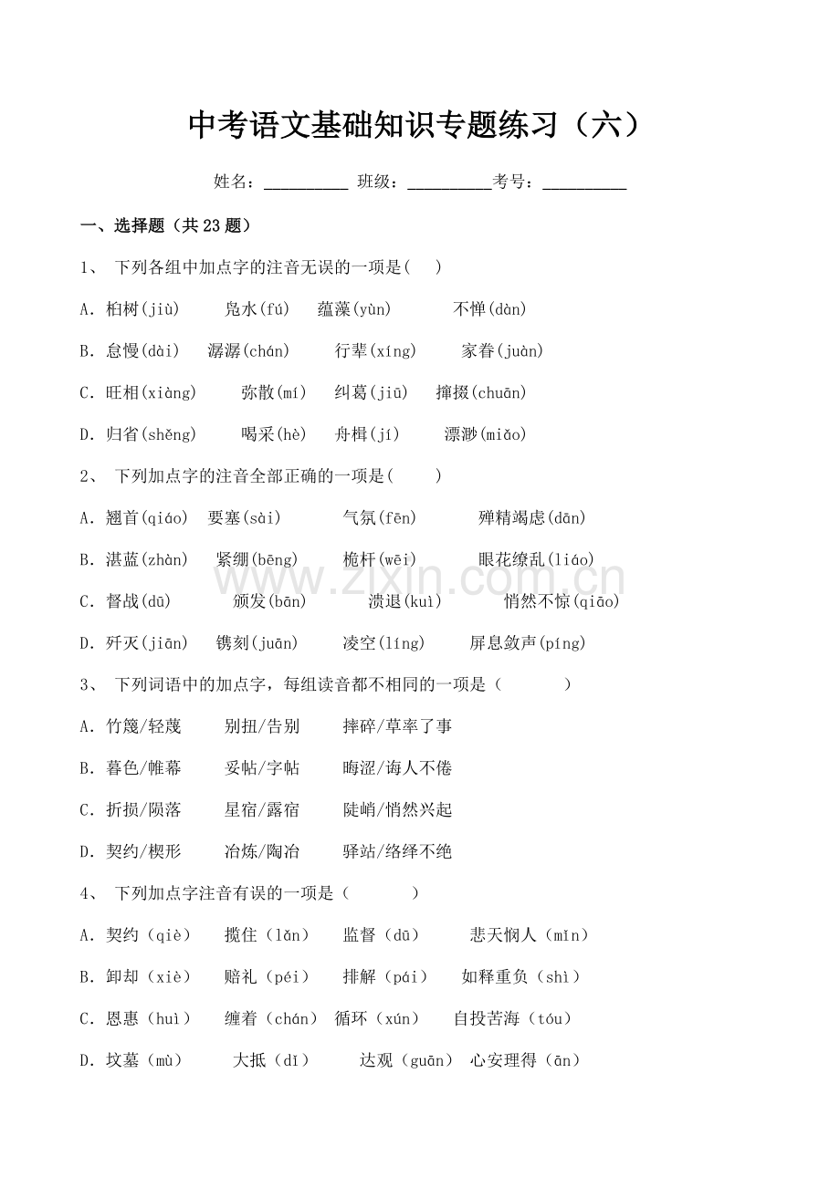 中考语文基础知识专题练习(六).docx_第1页