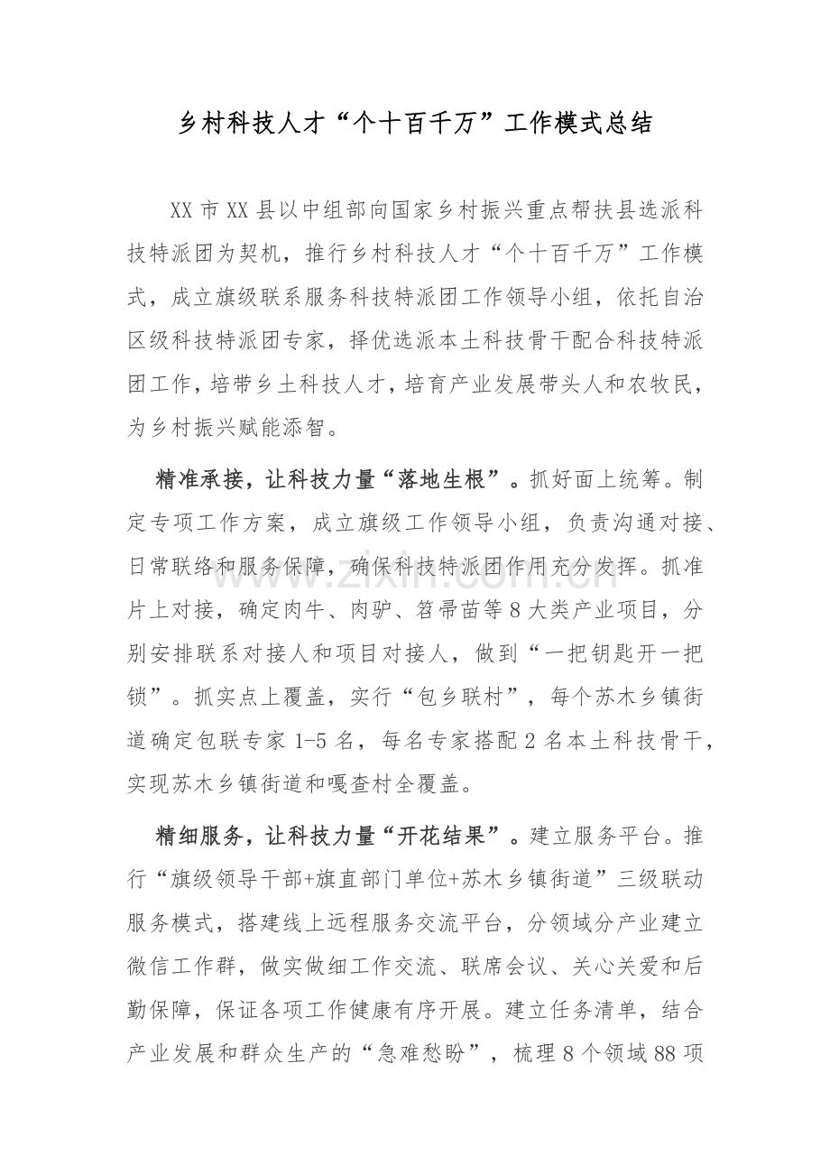 乡村科技人才“个十百千万”工作模式总结.docx_第1页
