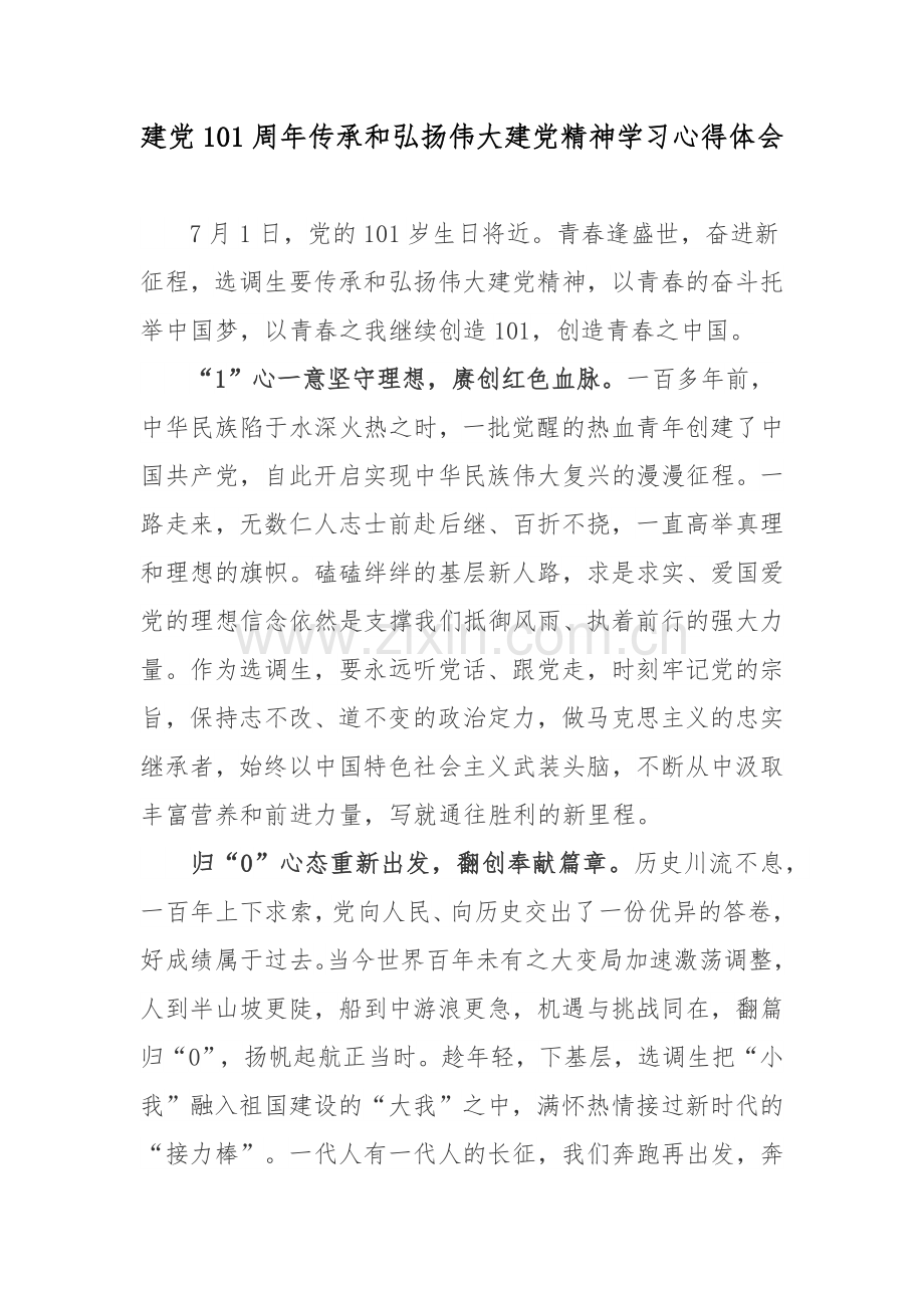 建党101周年传承和弘扬伟大建党精神学习心得体会.docx_第1页