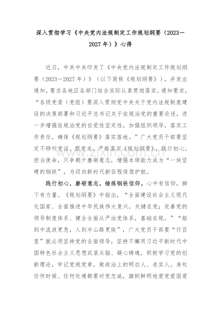 深入贯彻学习《中央党内法规制定工作规划纲要(2023-2027年)》心得3篇.docx_第1页