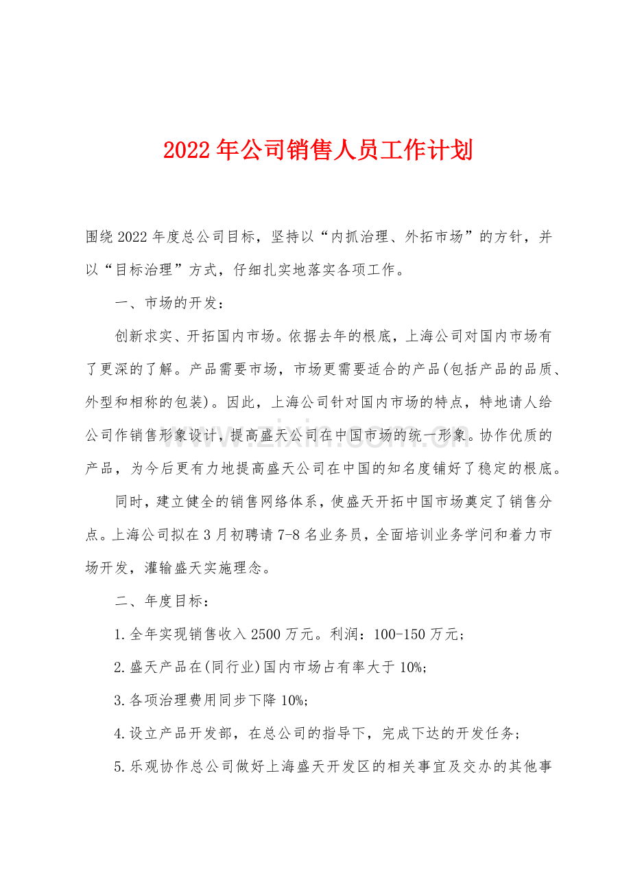 2022年公司销售人员工作计划.docx_第1页