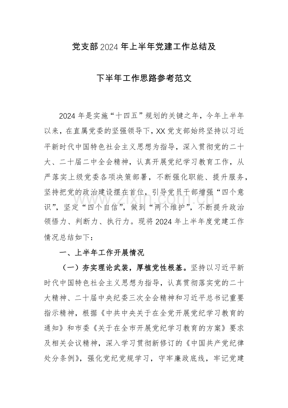 党支部2024年上半年党建工作总结及下半年工作思路参考范文.docx_第1页