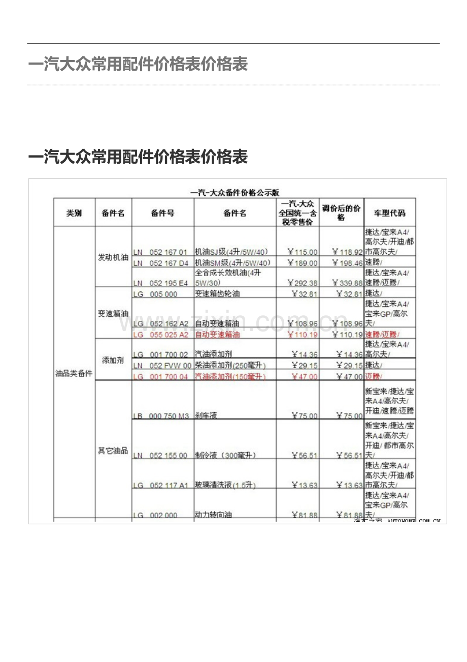 一汽大众常用配件价格表价格表.docx_第2页
