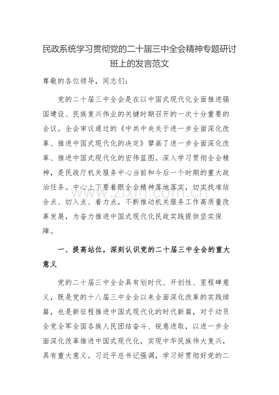 民政系统学习贯彻党的二十届三中会议精神专题研讨班上的发言范文.docx_第1页