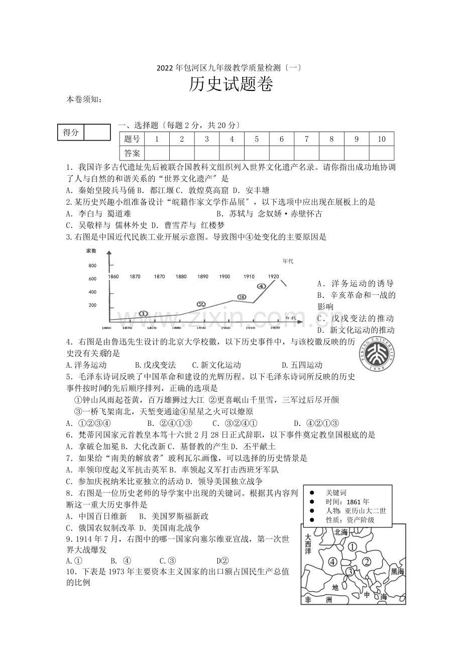 2022年安徽省合肥市包河区中考历史模拟试题(一).docx_第1页