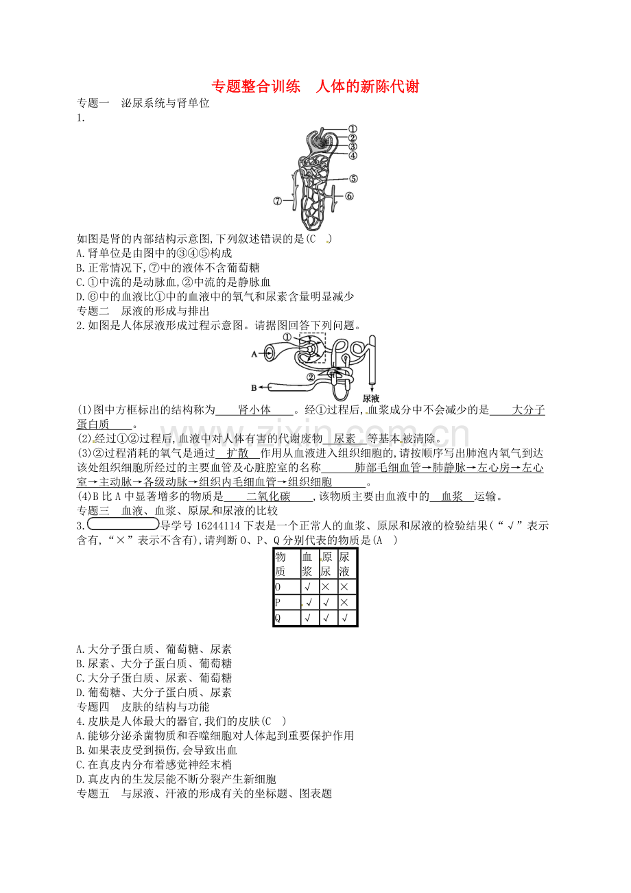 2022-2022学年七年级生物下册专题整合训练4人体的新陈代谢新版.doc_第1页
