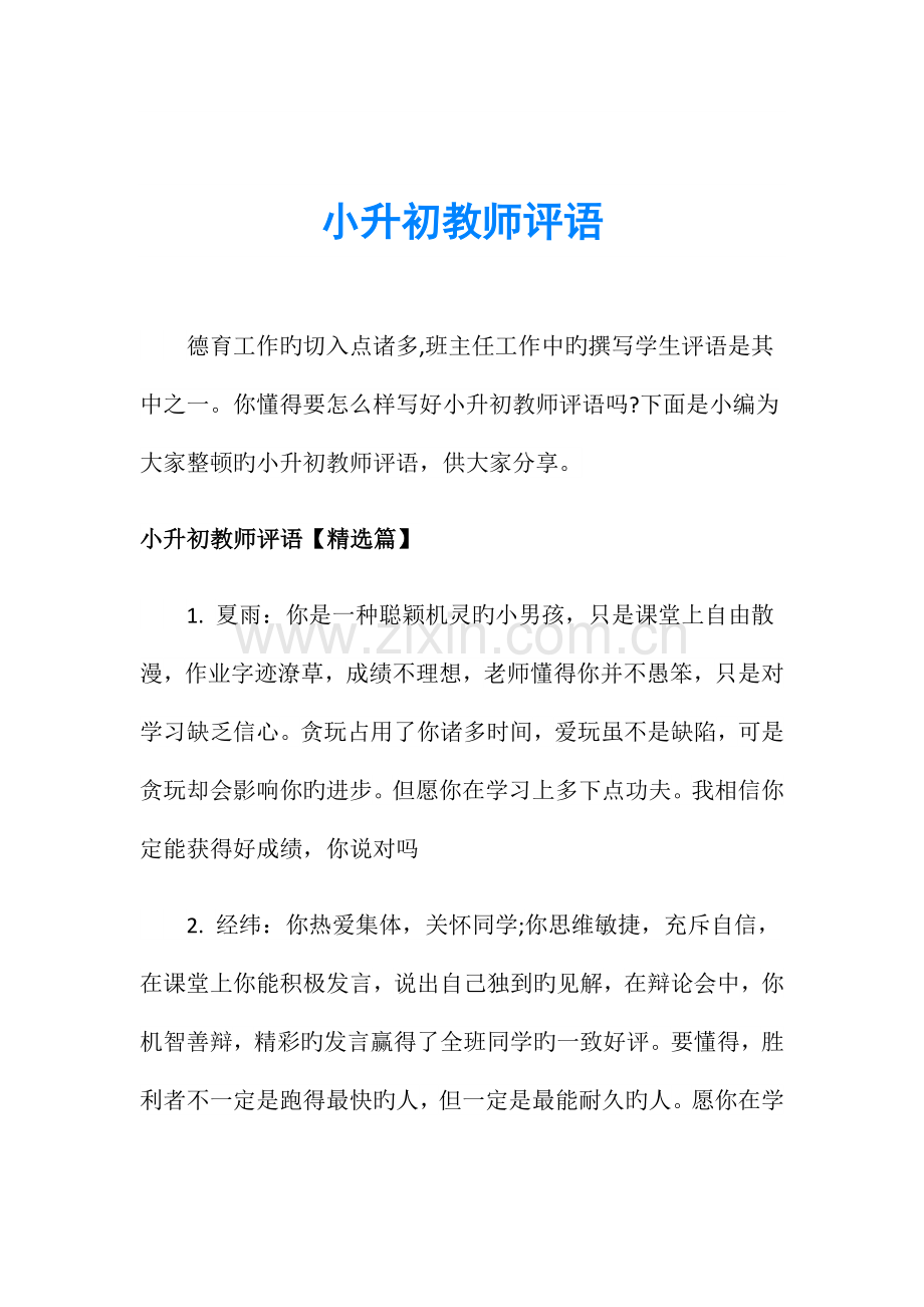 2023年小升初教师评语.doc_第1页