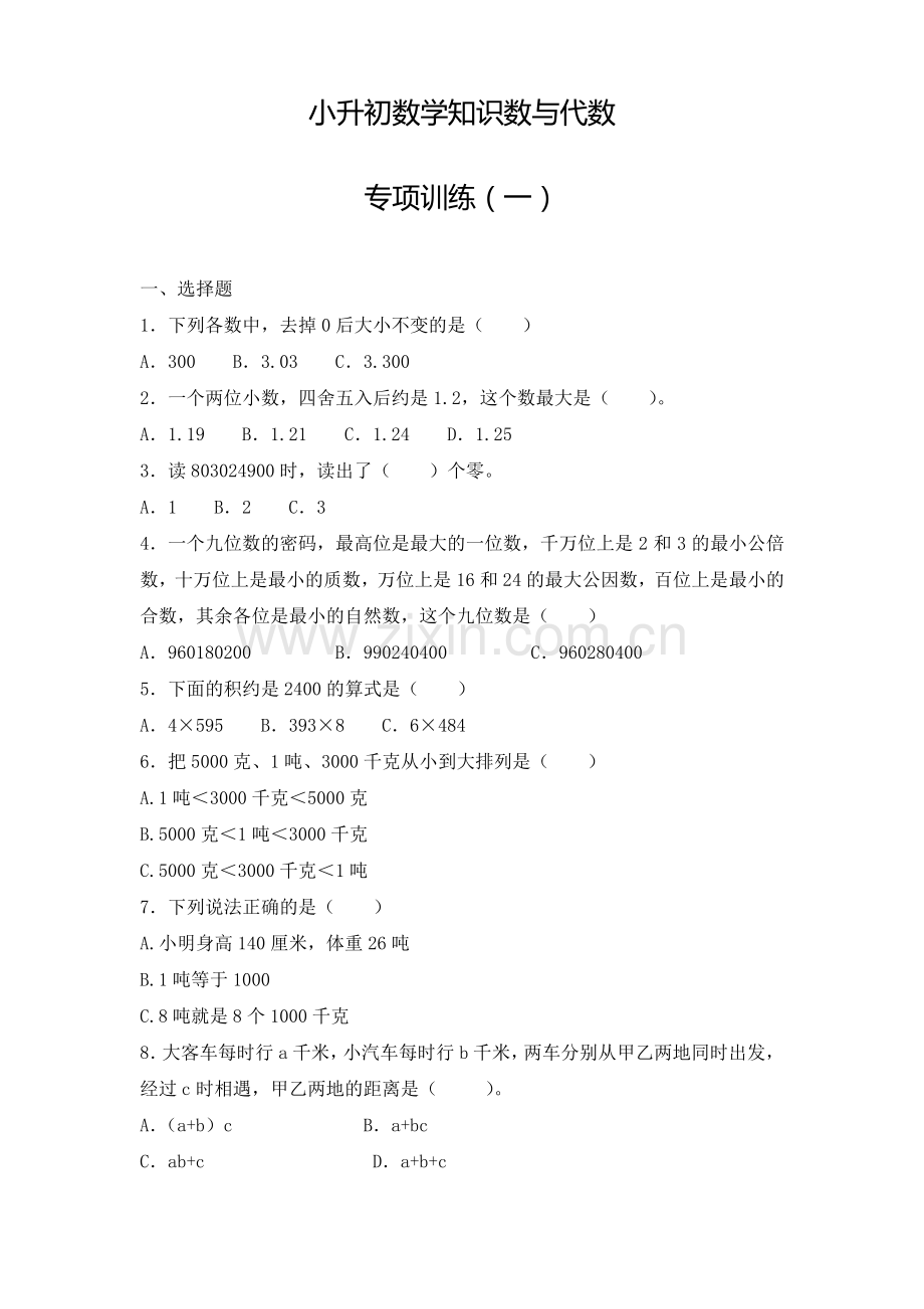 (精编版)小升初数学知识数与代数专项训练(一).pdf_第1页