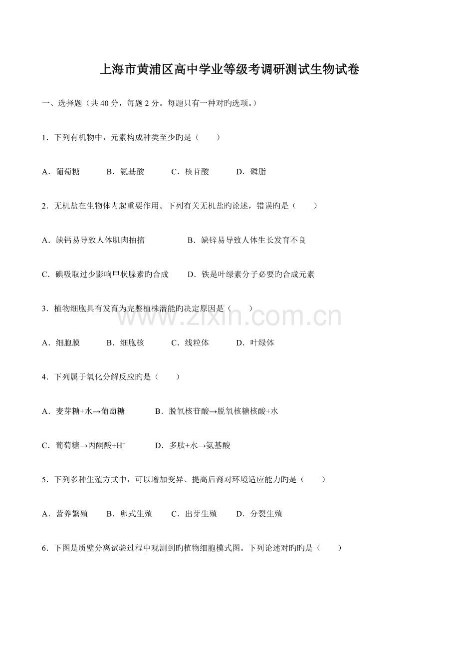 2023年上海市黄浦区高三下学期等级考调研测试生物试卷.docx_第1页