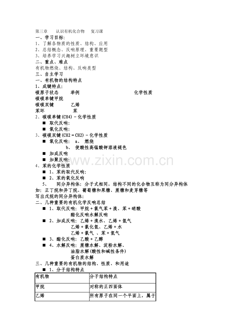 2022高一化学学案第三章《认识有机化合物》复习课学案(鲁科版必修2).docx_第1页