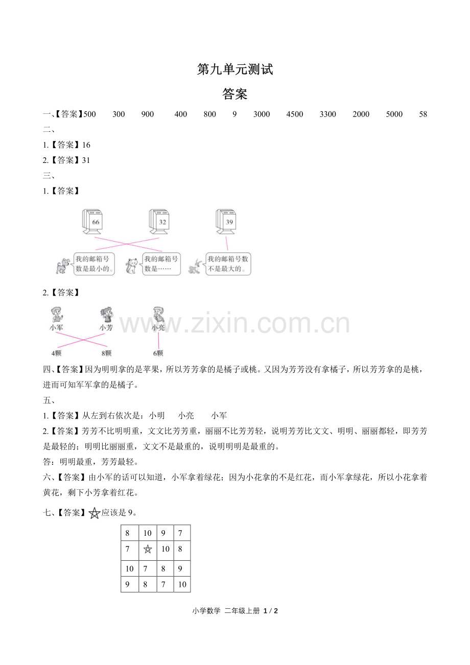(人教版)小学数学二下-第九单元测试01-答案.pdf_第1页
