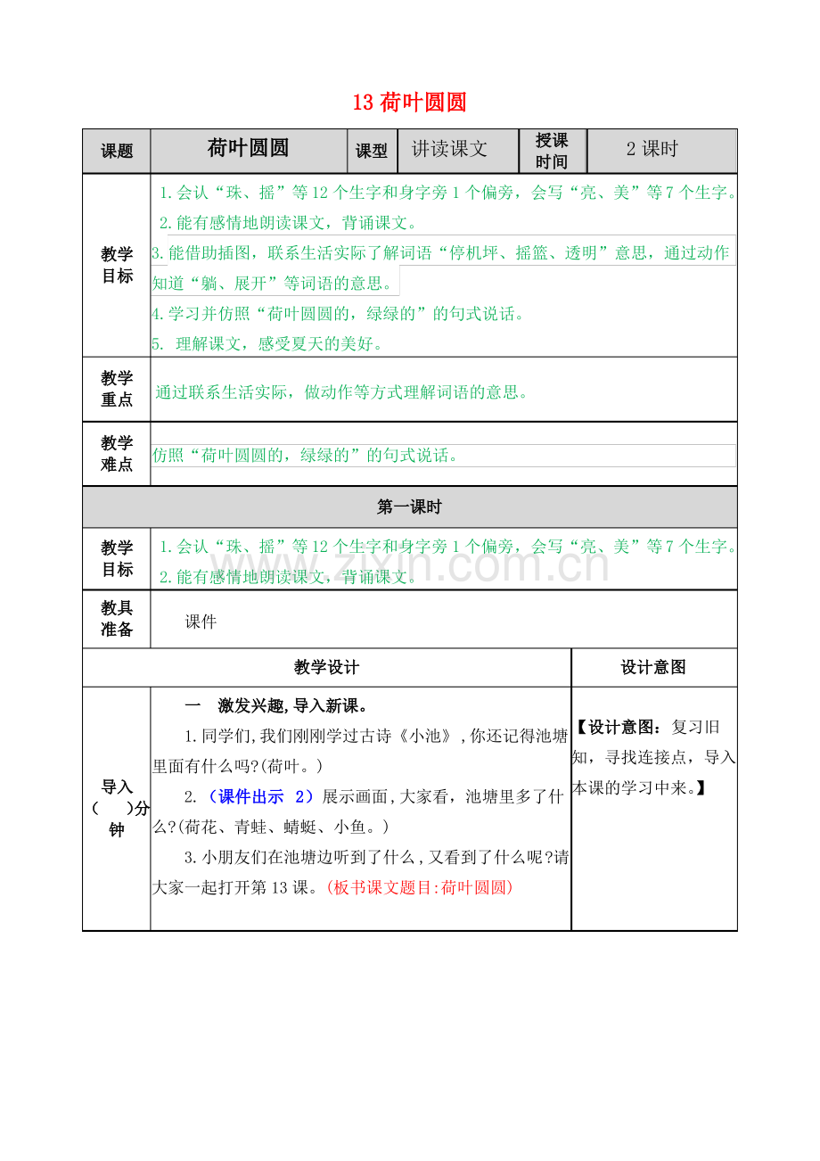 13 荷叶圆圆 教案+课后作业(部编人教版一年级语文下 ).pdf_第1页