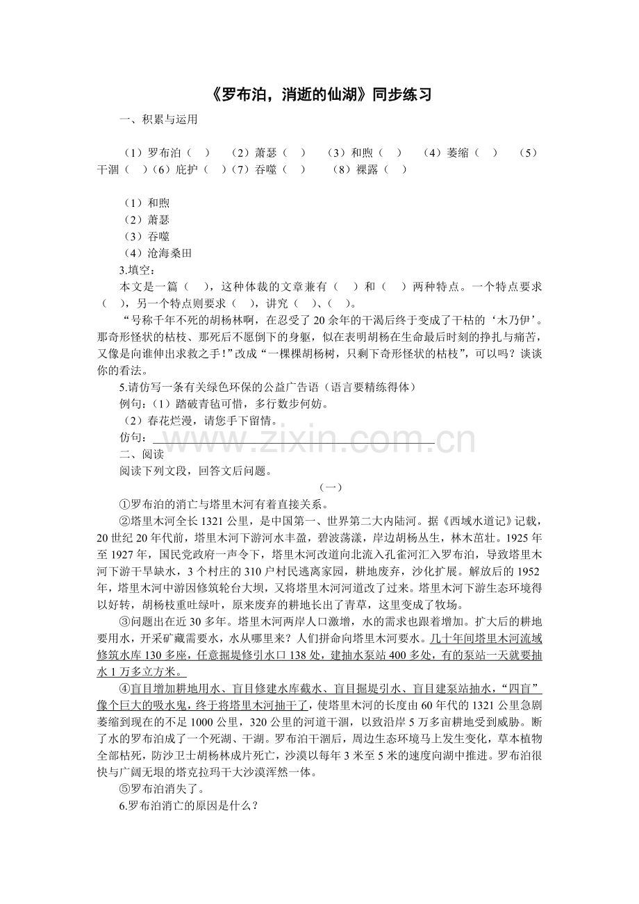 罗布泊消逝的仙湖练习新人教版.doc_第1页