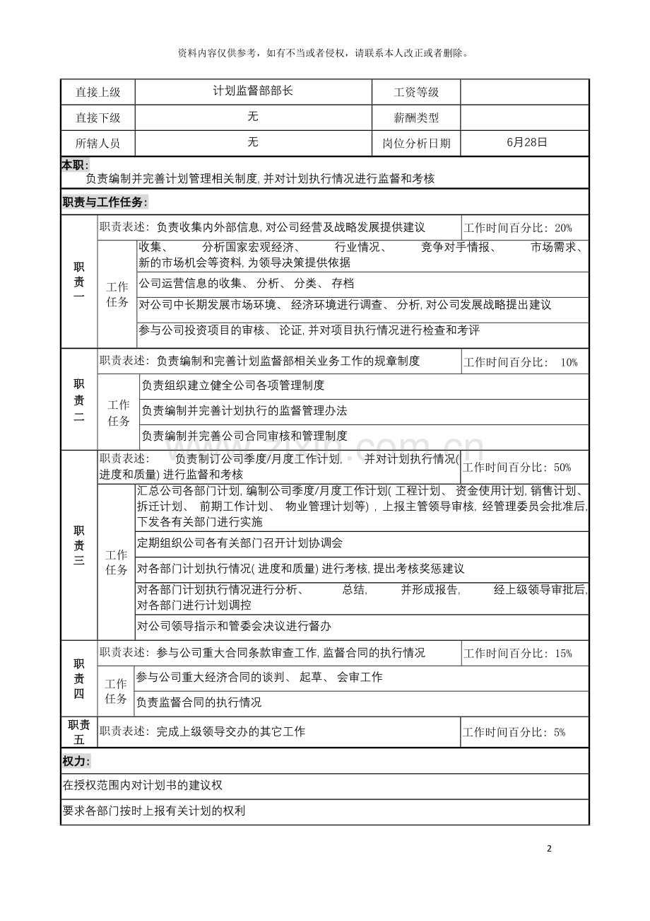 明达集团计划监督部管理督导职务说明书模板.doc_第2页