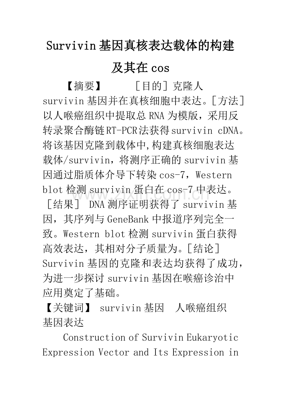 Survivin基因真核表达载体的构建及其在cos.docx_第1页