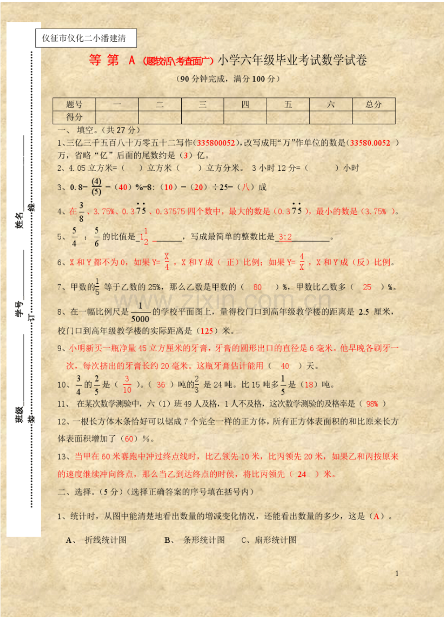 2008年小学六年级数学升学考试模拟试卷(一).pdf_第1页