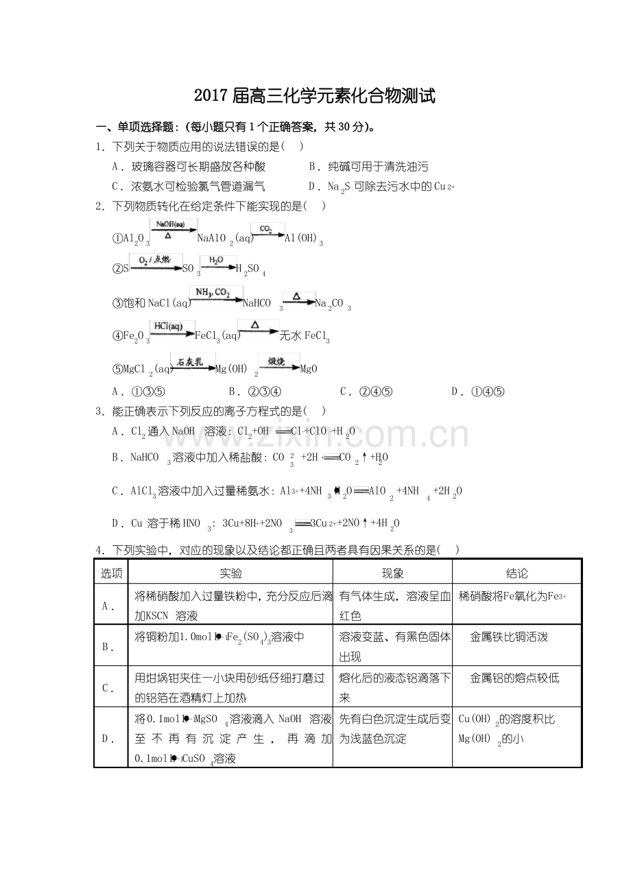 (化学)2017届高三化学元素化合物测试.pdf_第1页