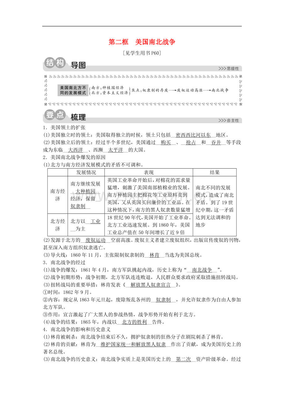 2022春初中历史八年级与社会下册第七单元工业革命与马克思主义的诞生7.3资本主义的扩展第二框美国南北战争.doc_第1页