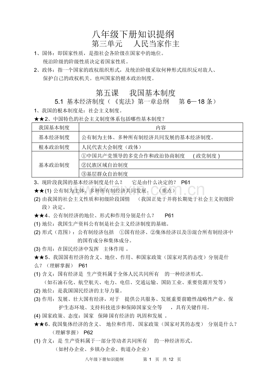 2019年春部编版《道德与法治》八年级下册第三单元知识提纲(pdf版).pdf_第1页